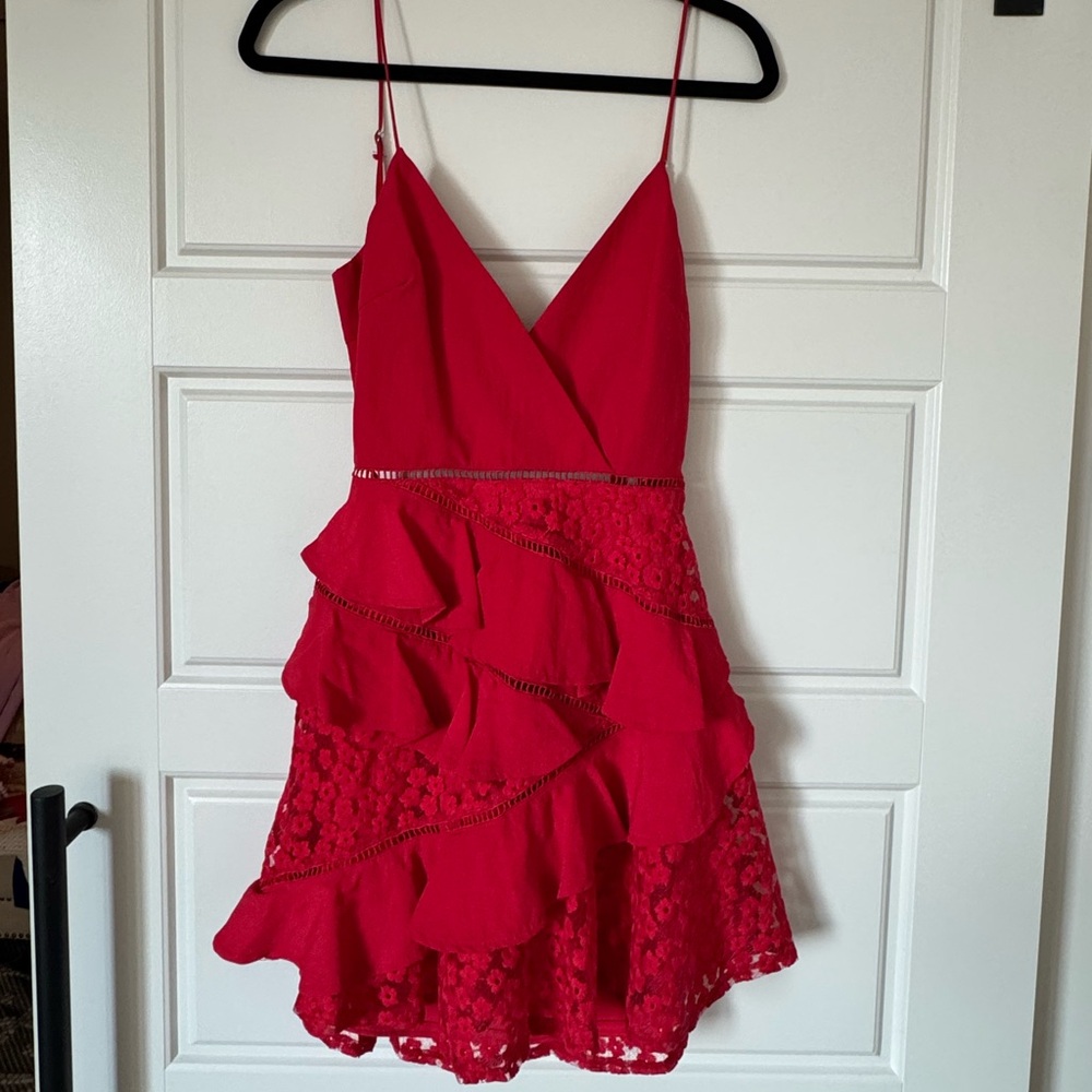 Red Ruffled Dress with Lace Details